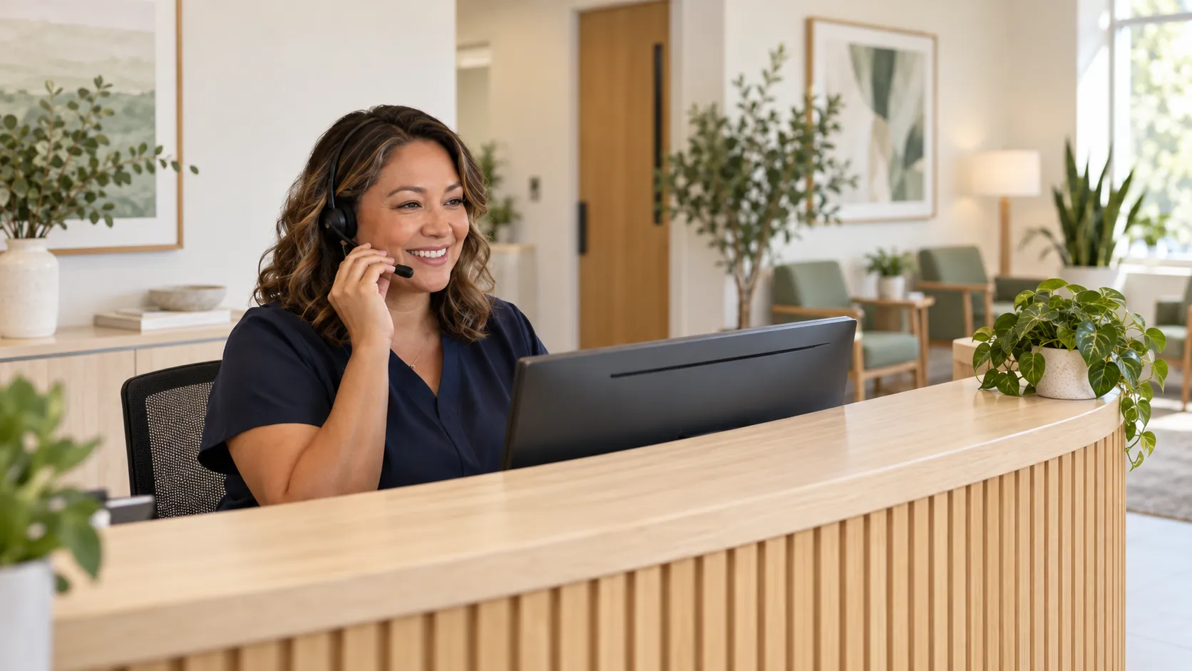 A front desk team member taking a call