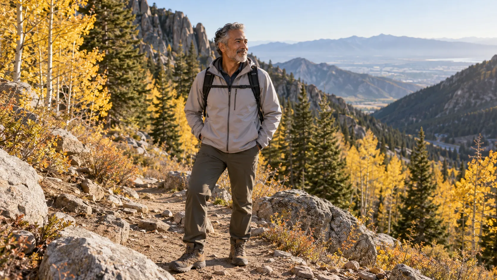 A man in his 60s on a mountain trail among fall aspens